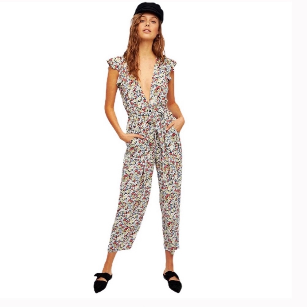 Free People Floral Pant Jumpsuit ruffle sleeve